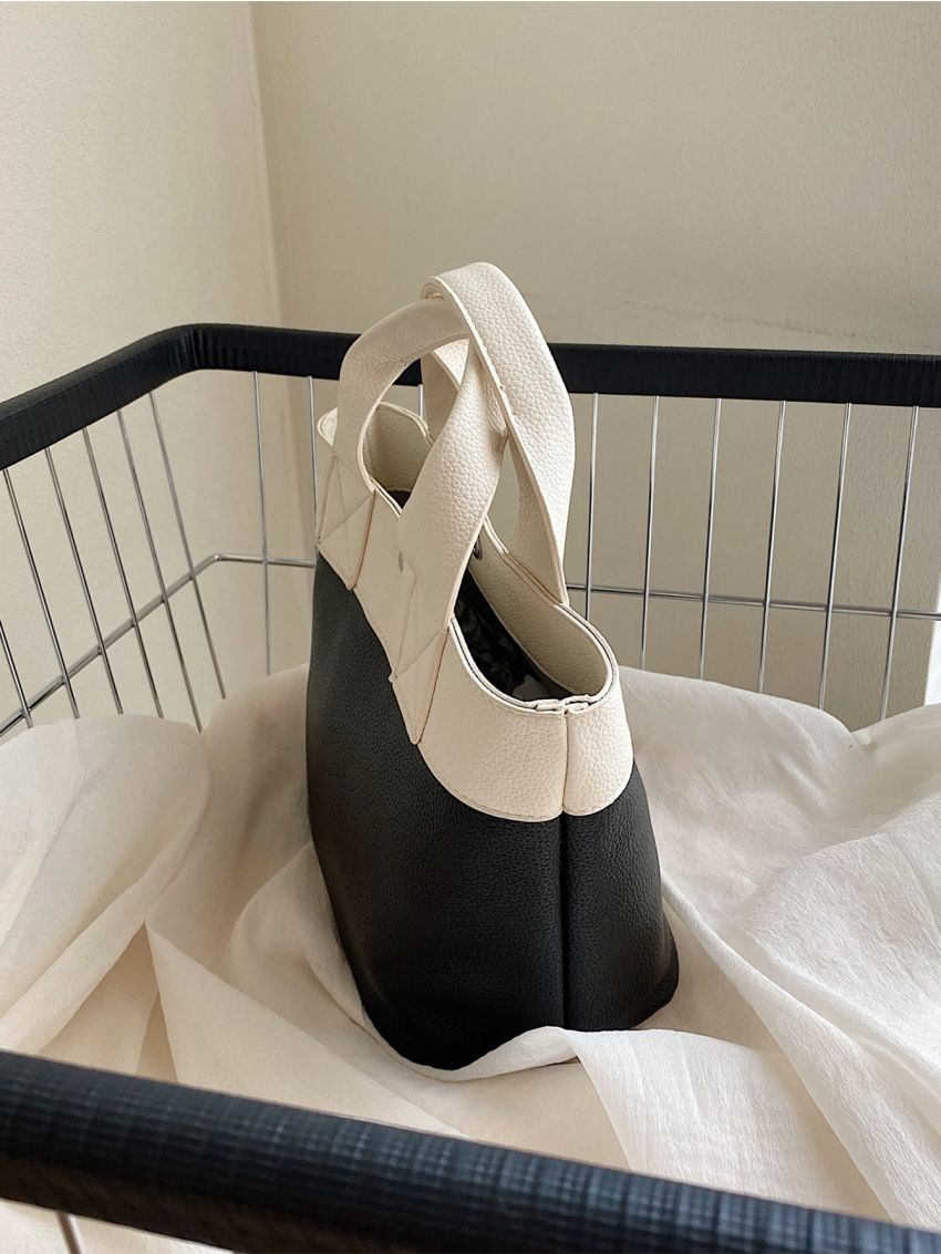 Two Tone Litchi Embossed Top Handle Bag