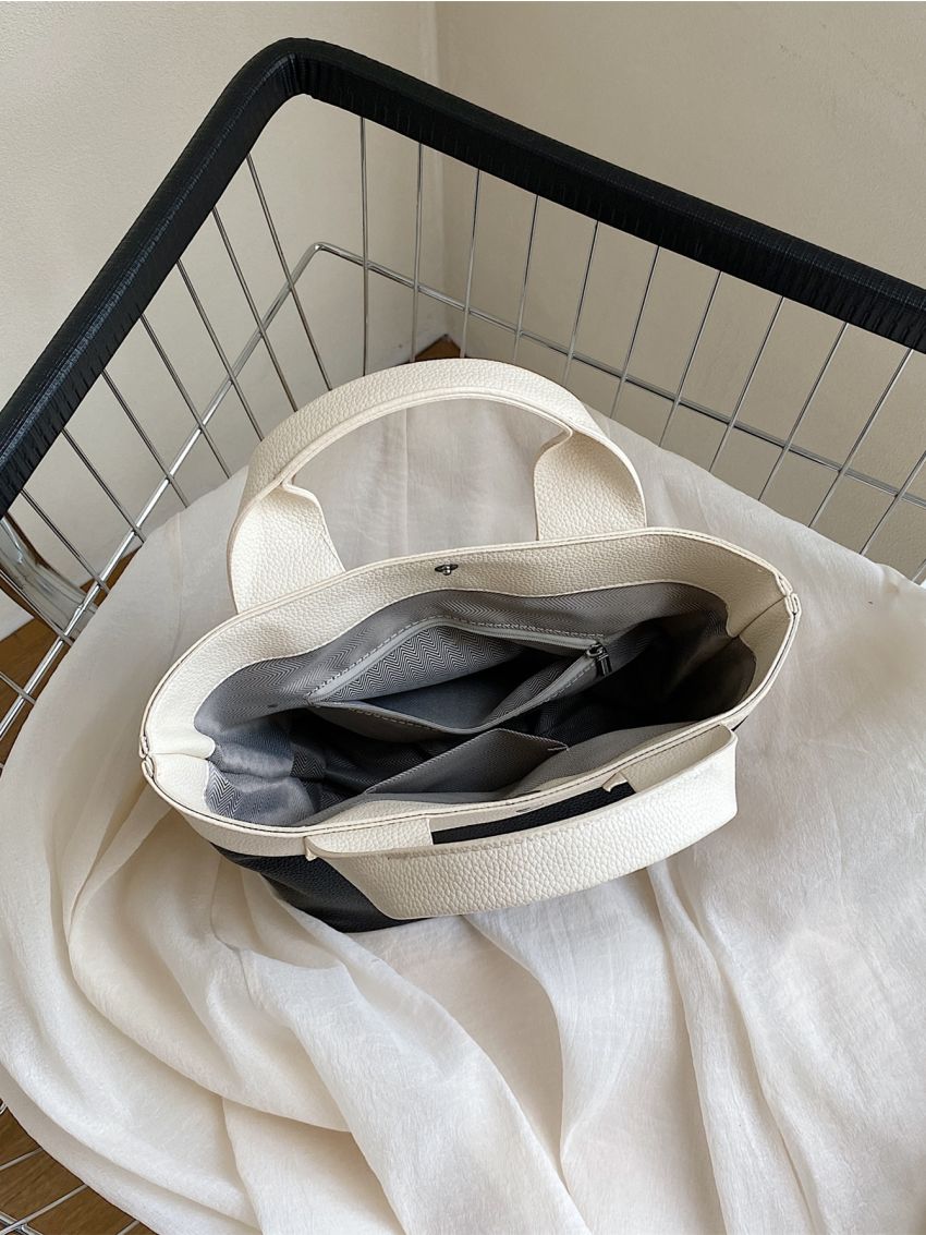 Two Tone Litchi Embossed Top Handle Bag