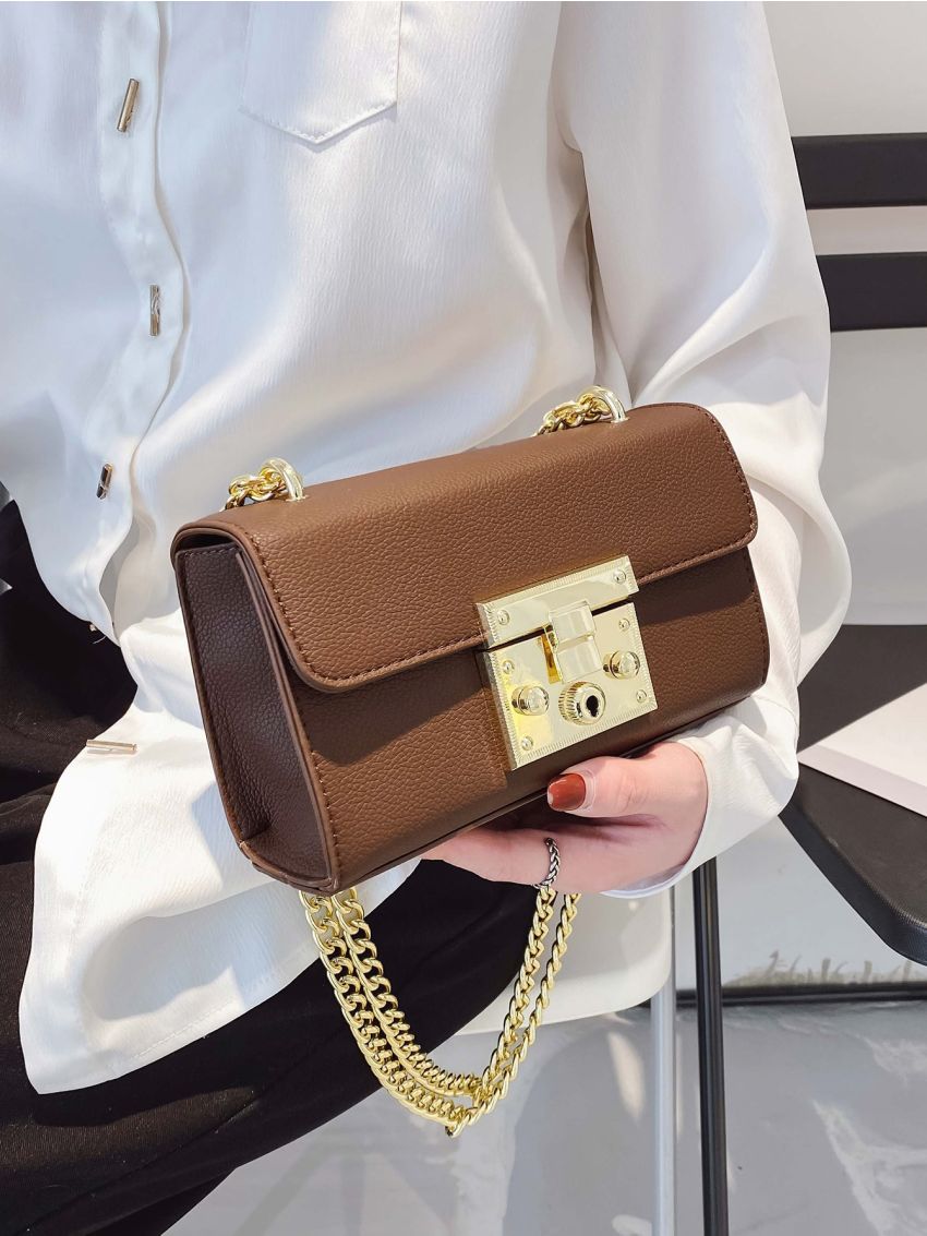 Litchi Embossed Push Lock Flap Chain Baguette Bag