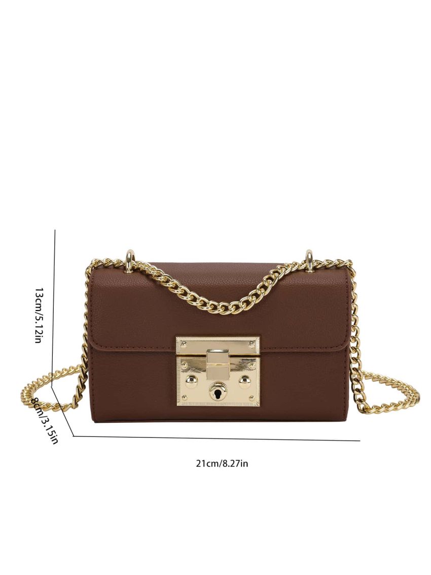 Litchi Embossed Push Lock Flap Chain Baguette Bag