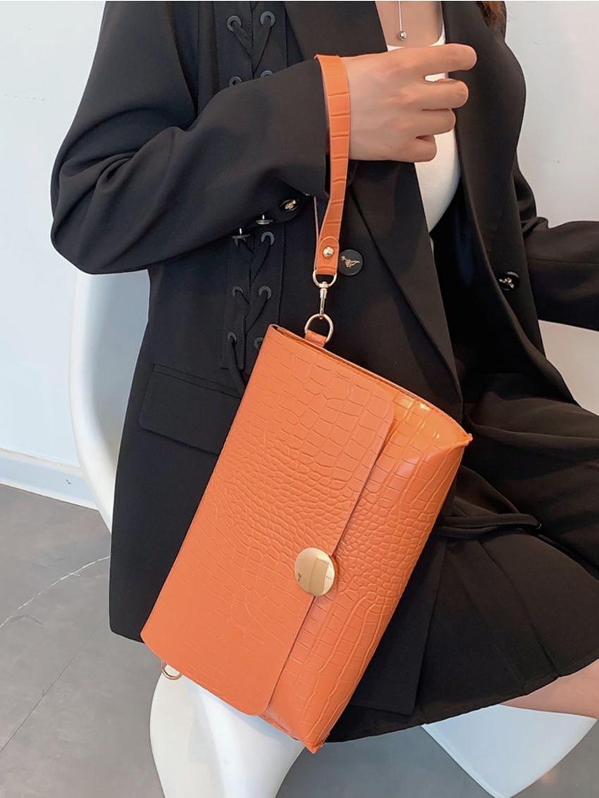 Neon-Orange Crocodile Embossed Metal Lock Flap Square Bag