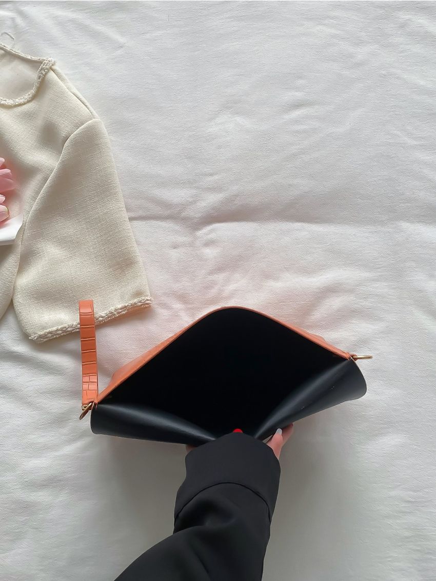 Neon-Orange Crocodile Embossed Metal Lock Flap Square Bag