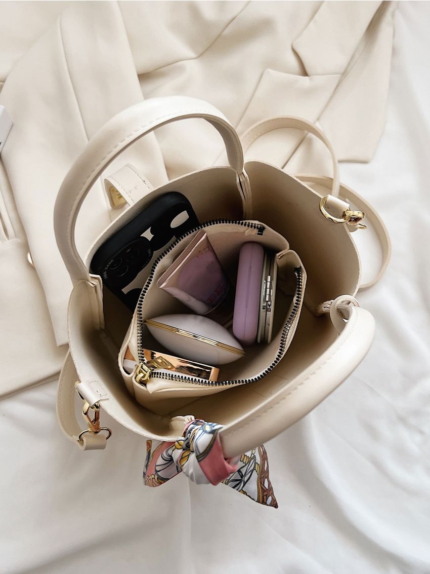 Yellow Square Bag Twilly Scarf Decor Double Handle With Inner Pouch