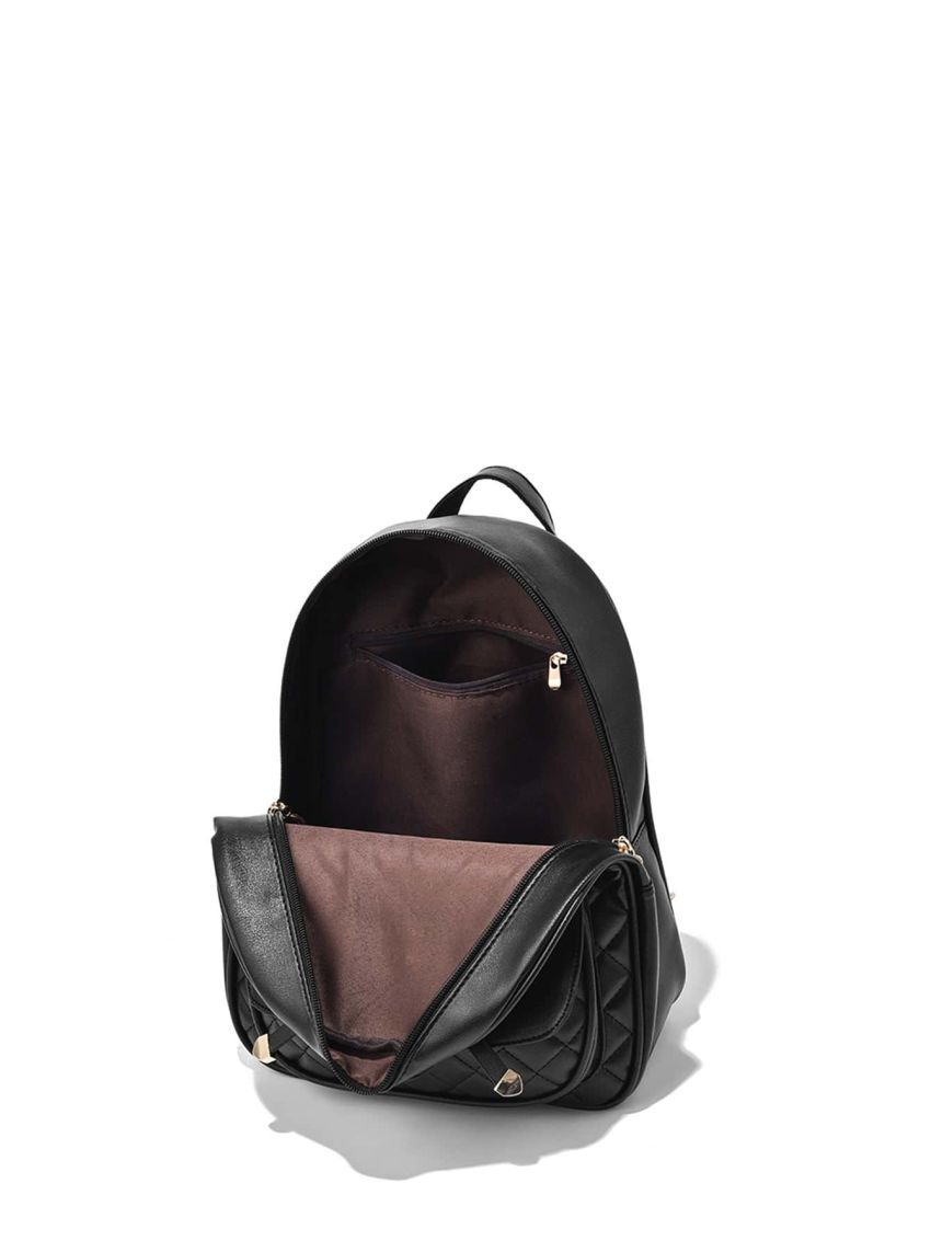 3pcs Quilted Detail Metal & Bow Decor Classic Backpack Set