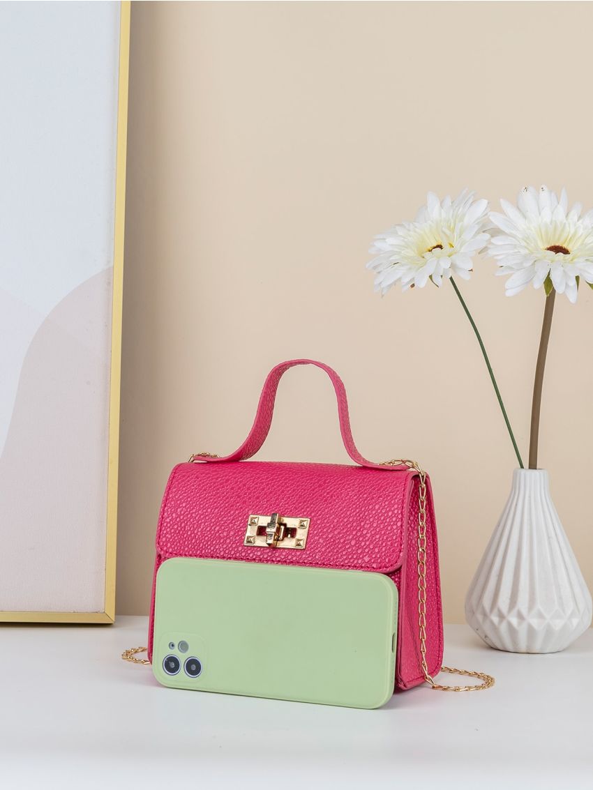 Mini Neon Pink Litchi Embossed Chain Flap Square Bag