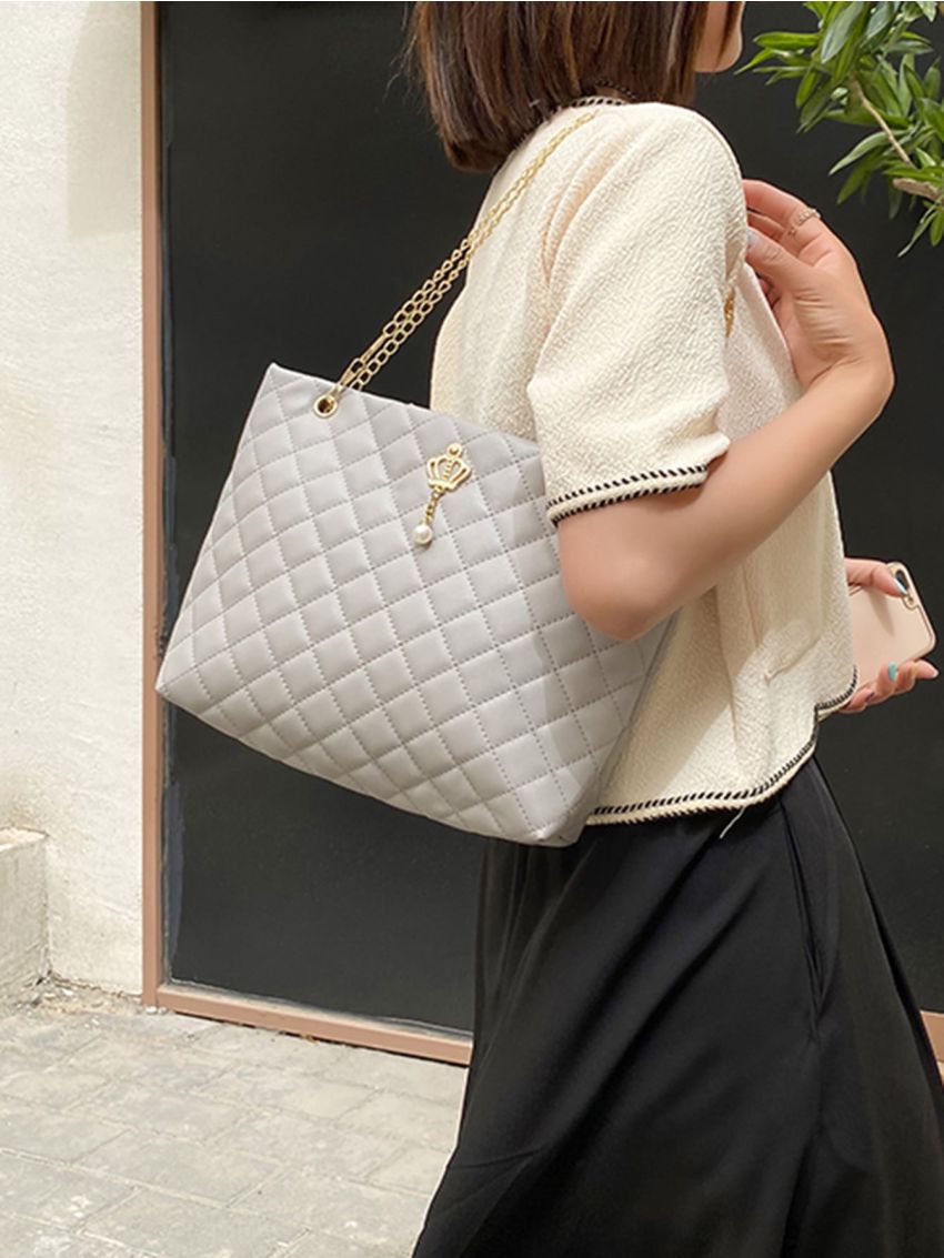 Geometric Quilted Faux Pearl Decor Shoulder Tote Bag