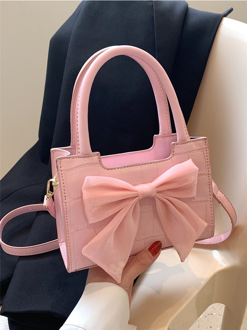 Mini Crocodile Embossed Bow Decor Square Bag