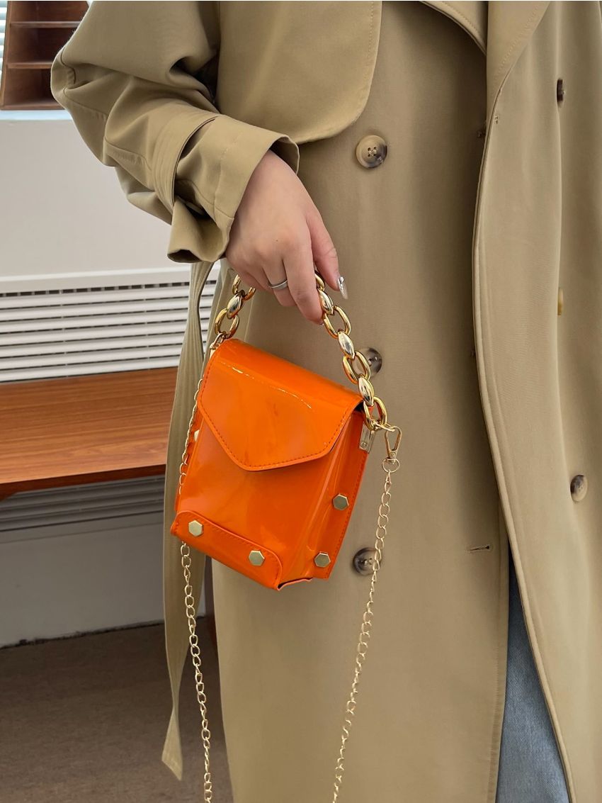 Mini Neon Orange Studded Decor Chain Flap Square Bag