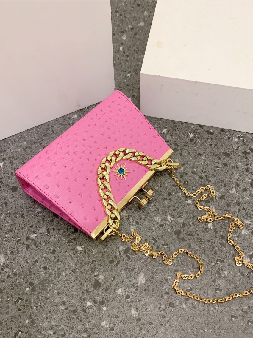 Neon Pink Ostrich Embossed Chain Square Bag