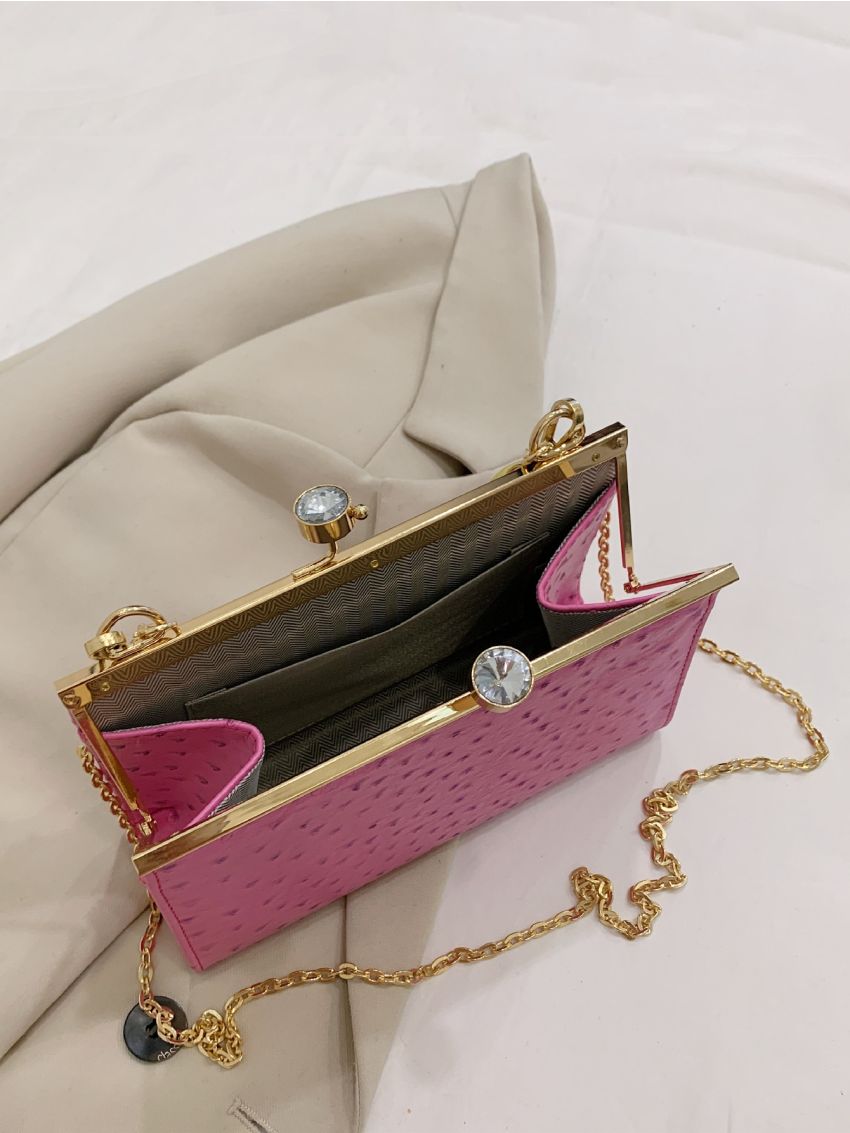 Neon Pink Ostrich Embossed Chain Square Bag