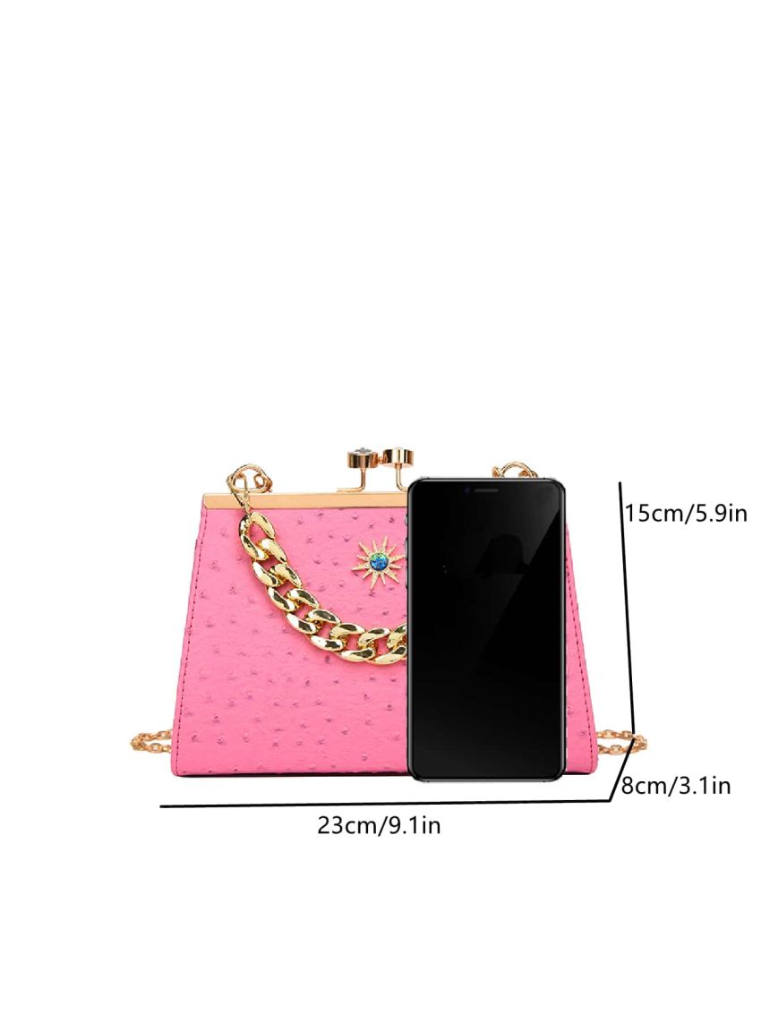 Neon Pink Ostrich Embossed Chain Square Bag