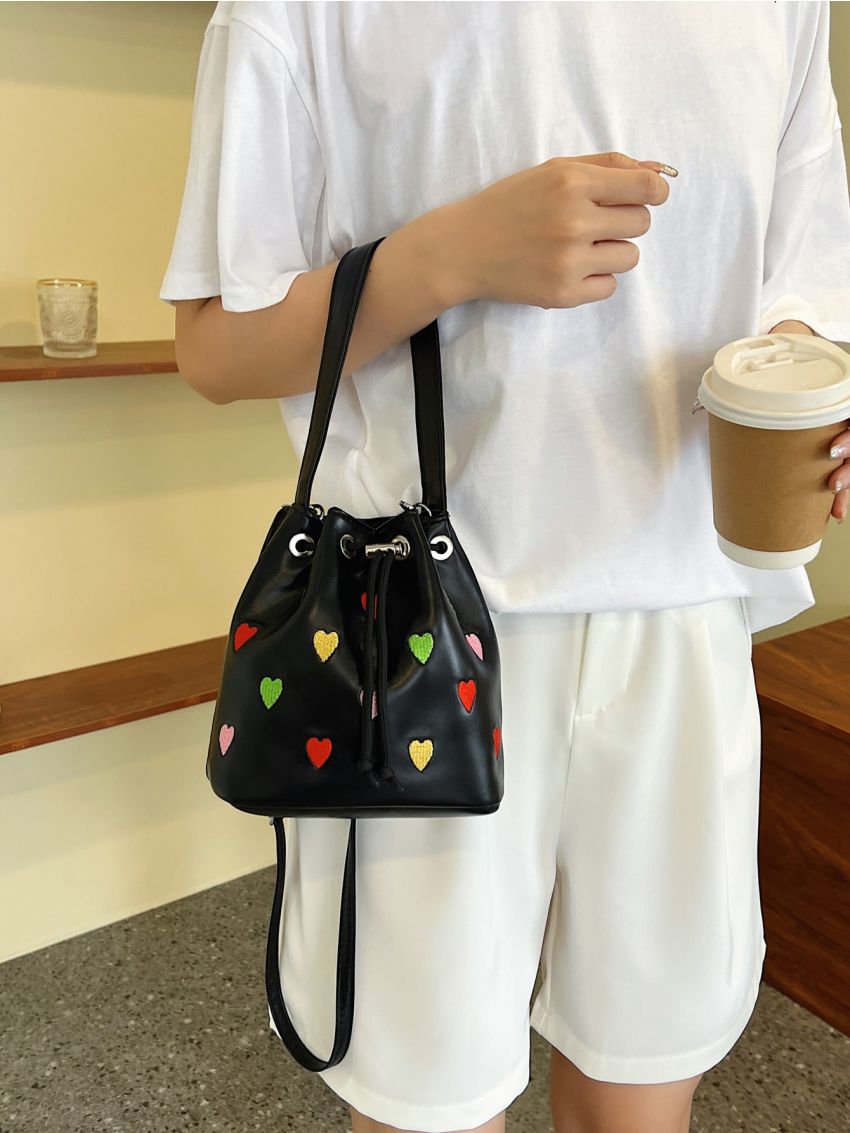 Mini Heart Embroidered Drawstring Bucket Bag
