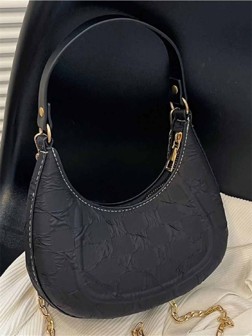 Textured Chain Canvas Hobo Bag