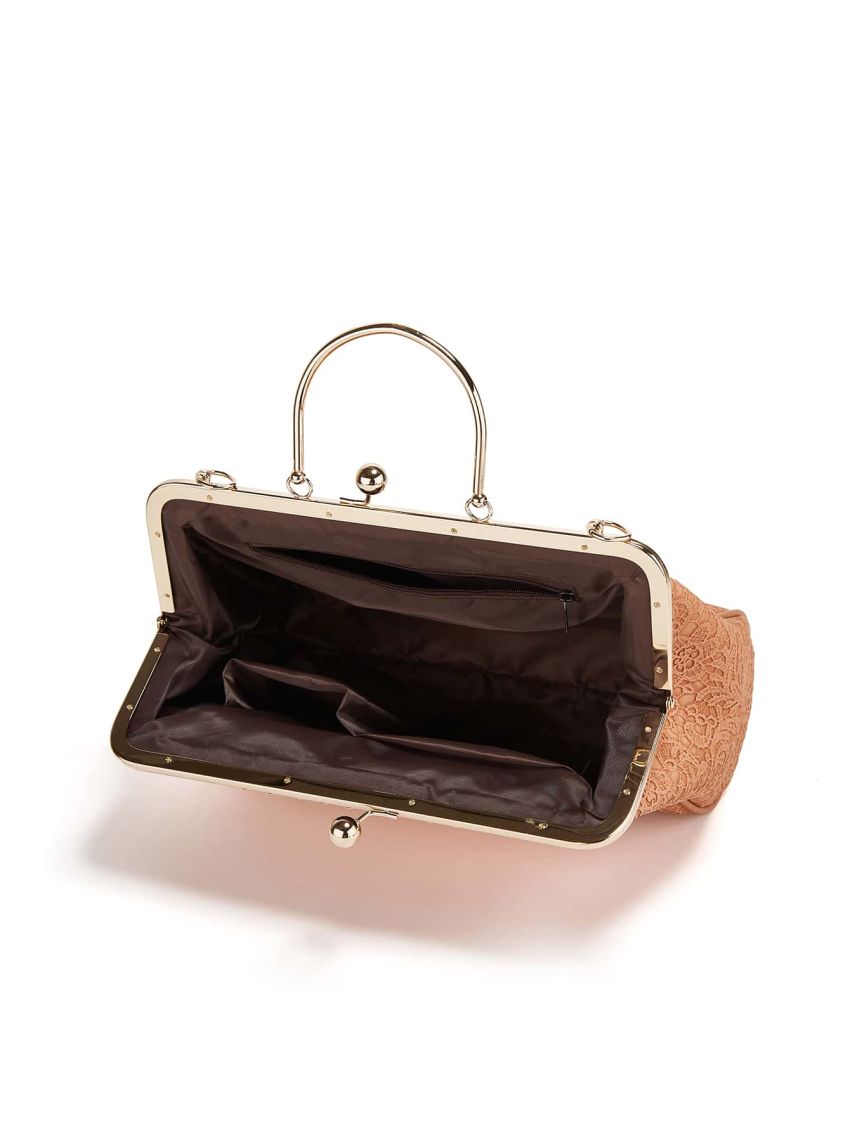 Contrast Lace Kiss Lock Top Handle Satchel Bag