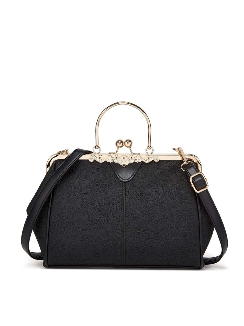 Litchi Embossed Kiss Lock Satchel Bag, Mothers Day Gift For Mom