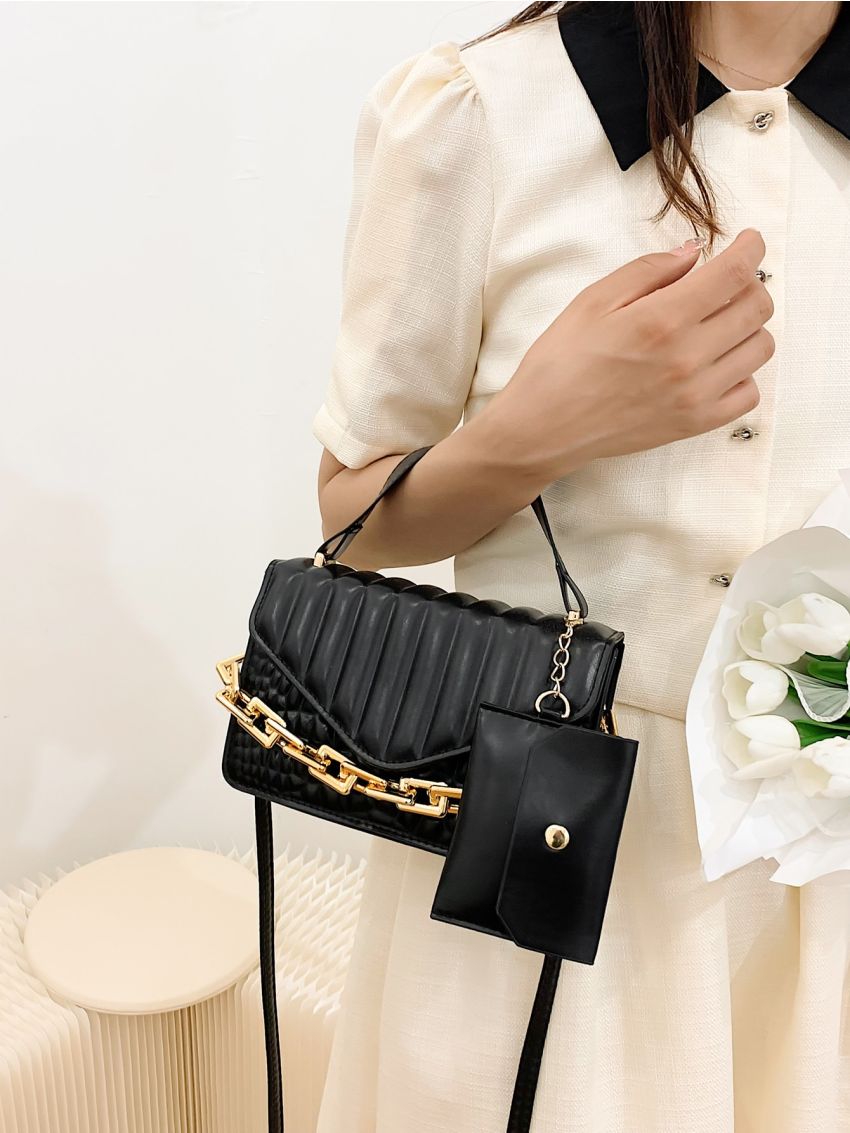 Quilted Chain Decor Flap Square Bag With Coin Purse