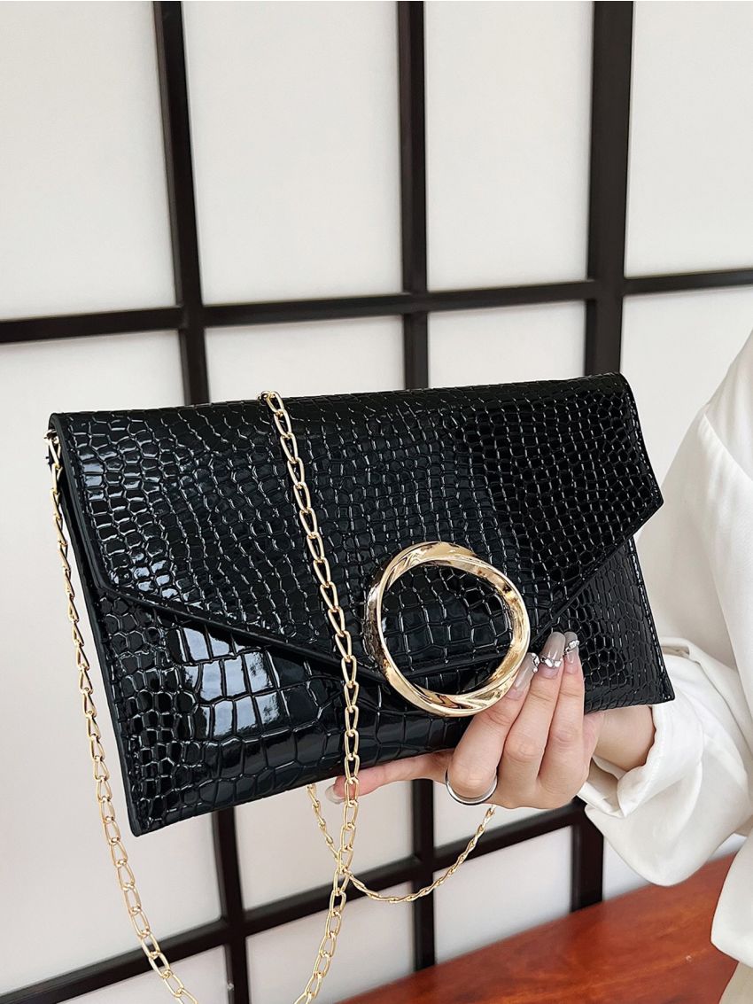 Crocodile Embossed Flap Chain Square Bag