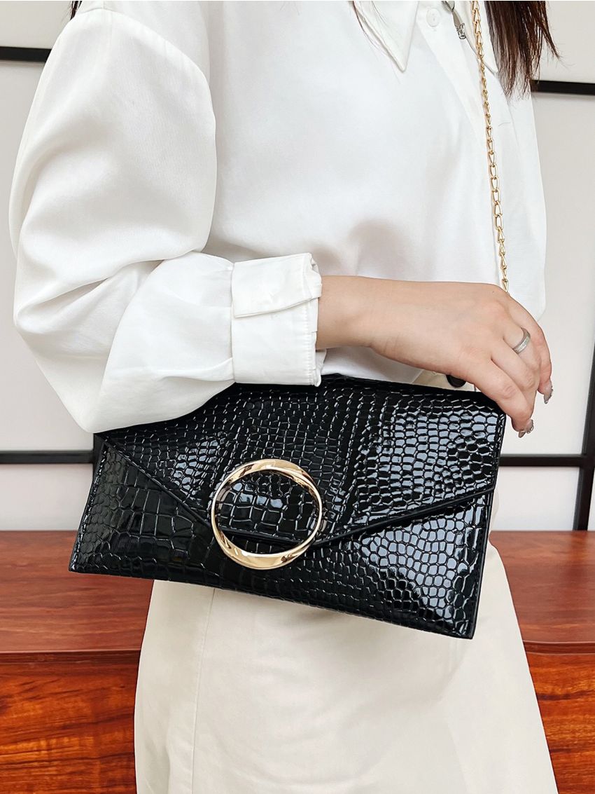 Crocodile Embossed Flap Chain Square Bag