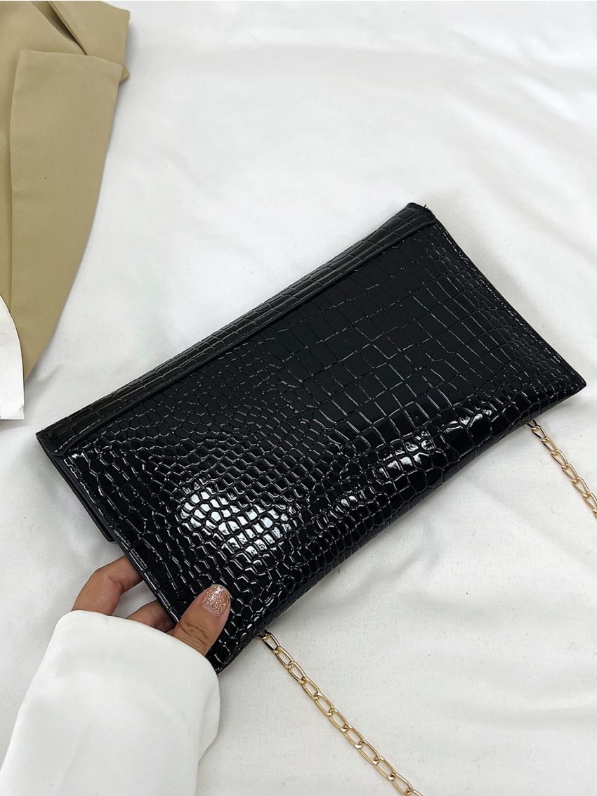Crocodile Embossed Flap Chain Square Bag