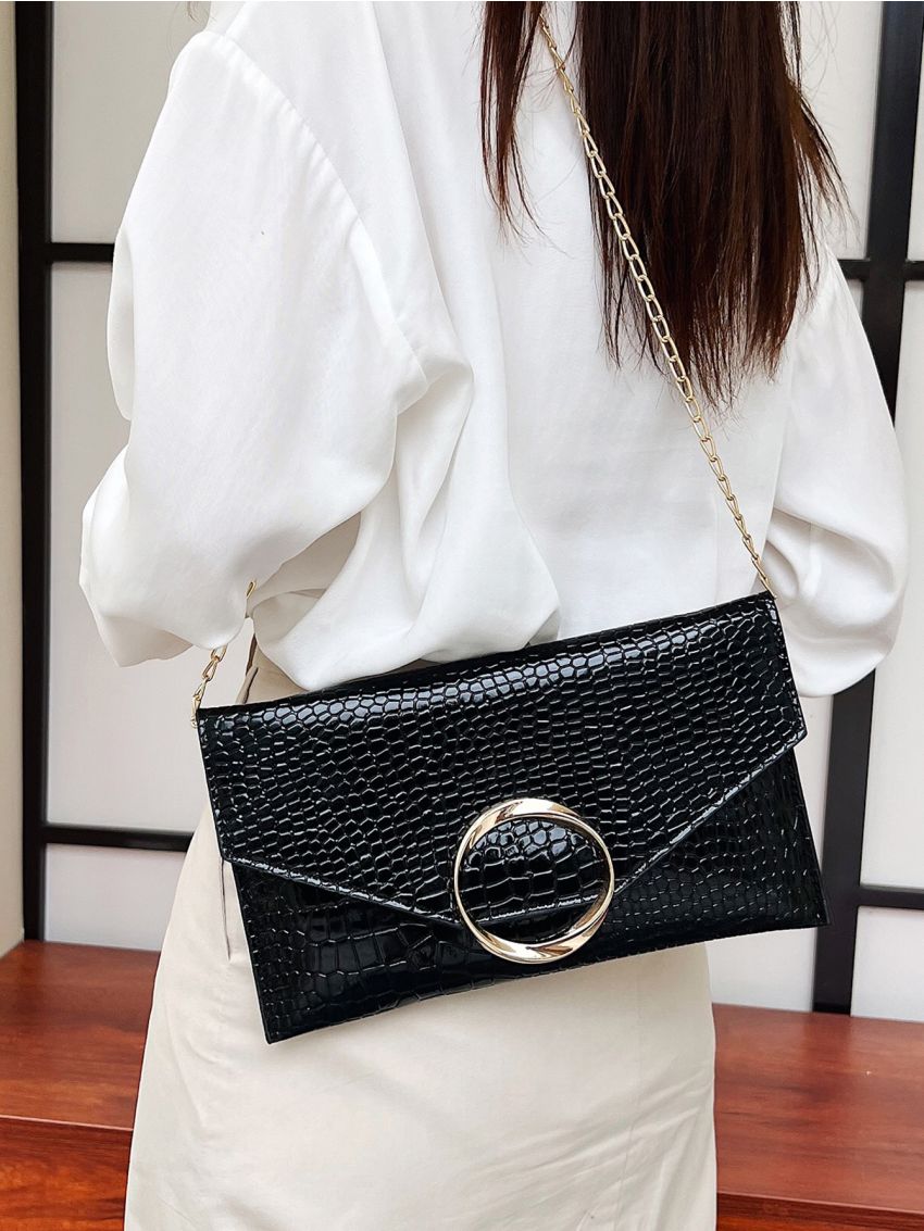 Crocodile Embossed Flap Chain Square Bag