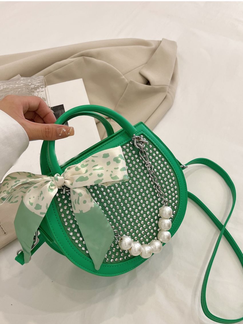 Studded & Faux Pearl Decor Saddle Bag