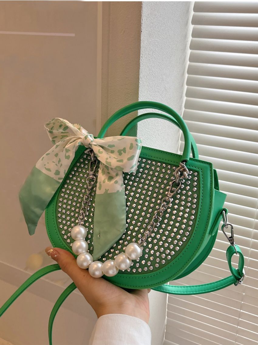 Studded & Faux Pearl Decor Saddle Bag