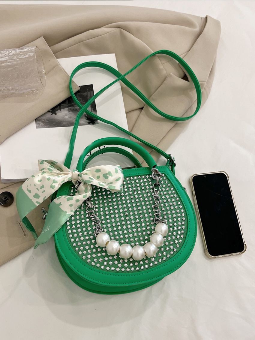 Studded & Faux Pearl Decor Saddle Bag