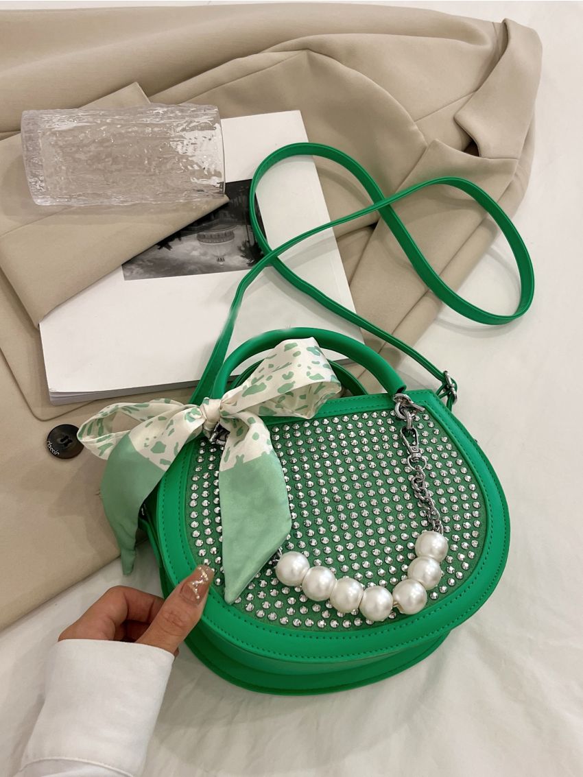Studded & Faux Pearl Decor Saddle Bag