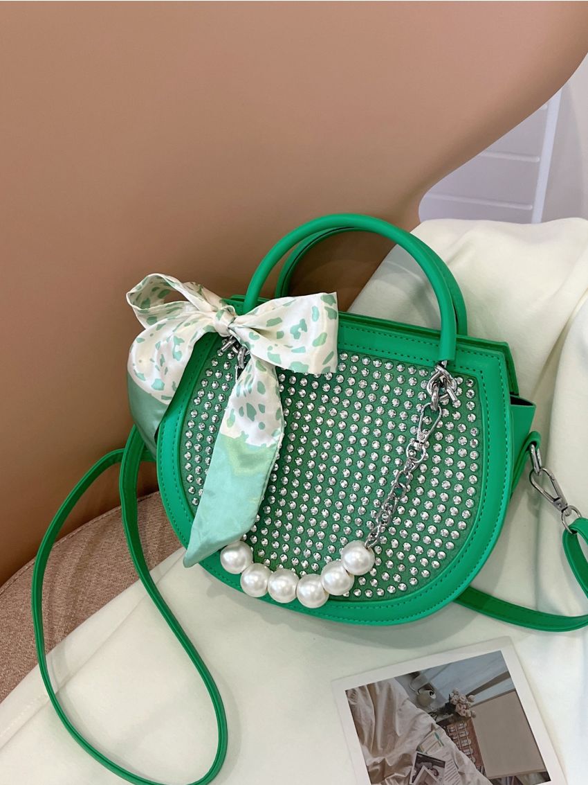 Studded & Faux Pearl Decor Saddle Bag