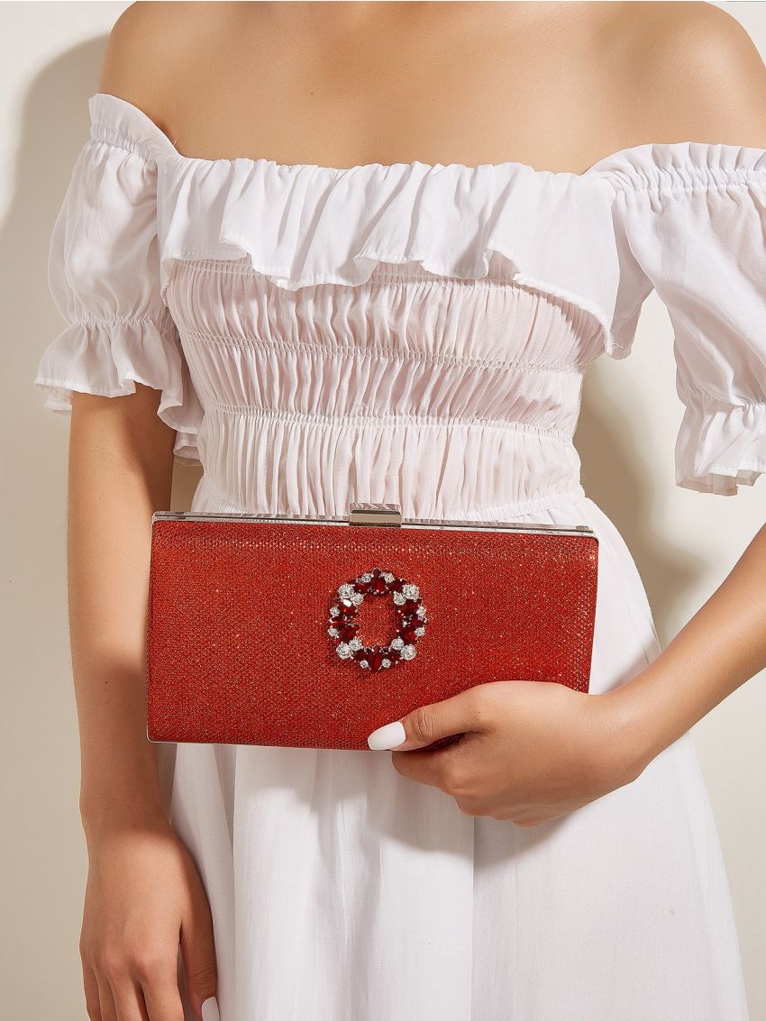 Neon Red Rhinestone Decor Chain Glitter Box Bag