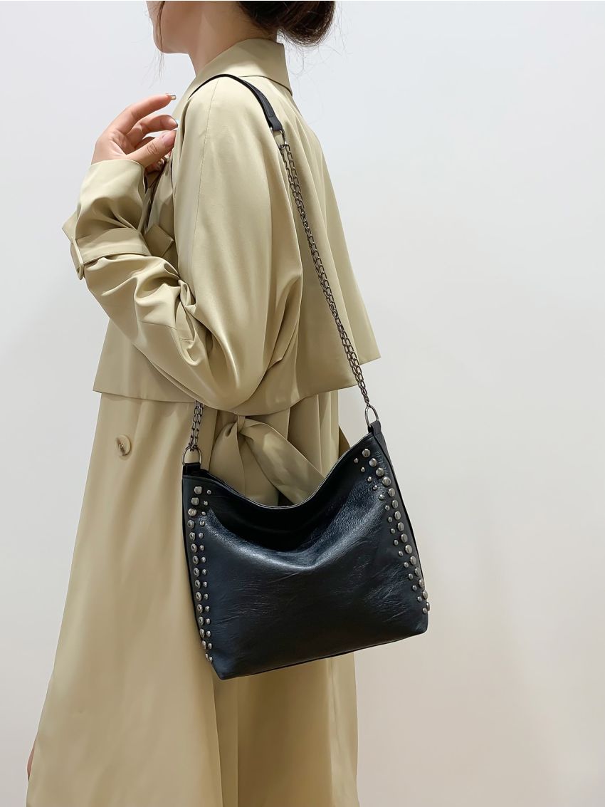 Studded Decor Chain Hobo Bag