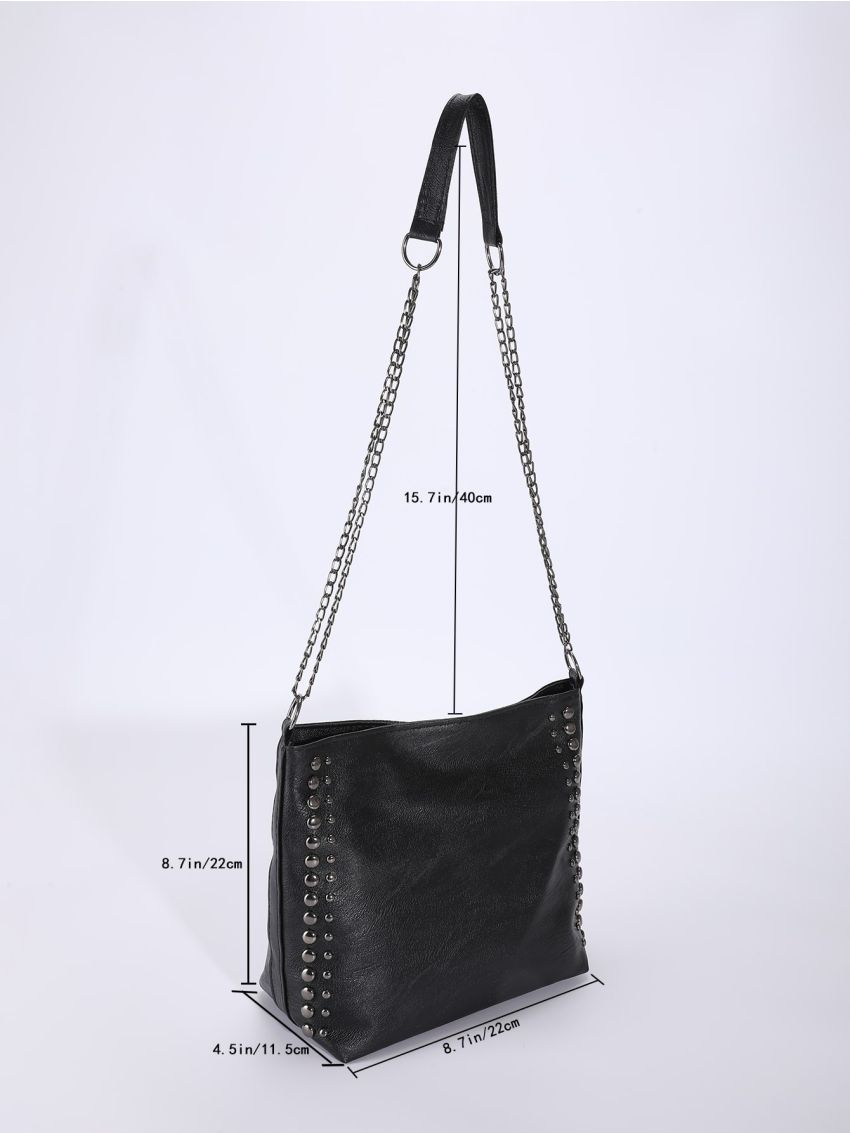 Studded Decor Chain Hobo Bag