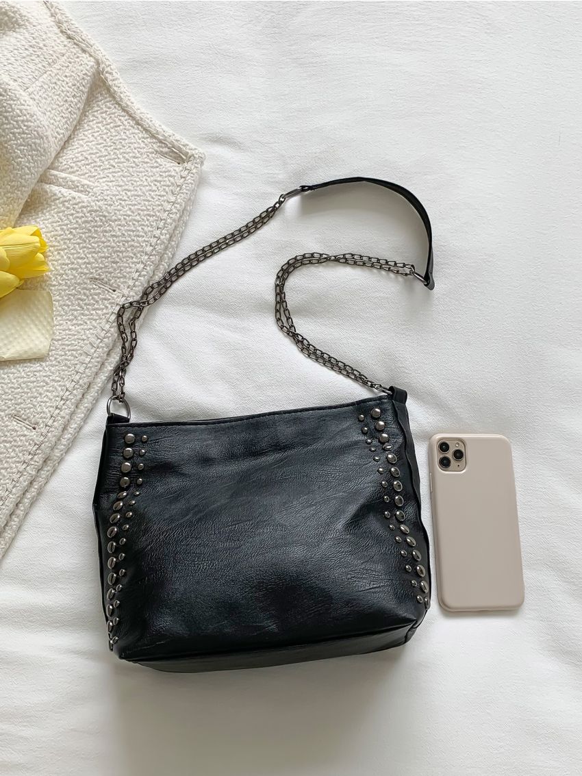 Studded Decor Chain Hobo Bag