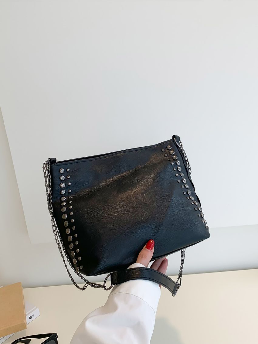 Studded Decor Chain Hobo Bag