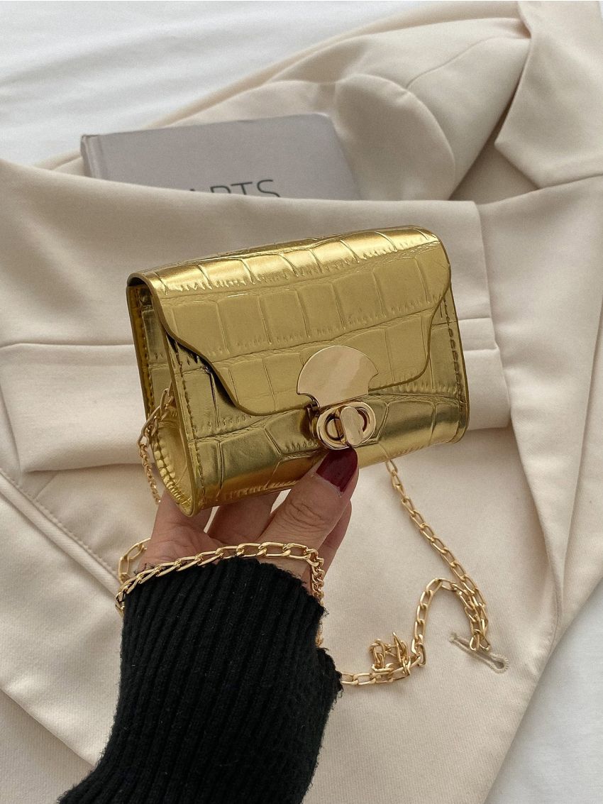 Mini Metallic Crocodile Embossed Twist Lock Flap Chain Square Bag