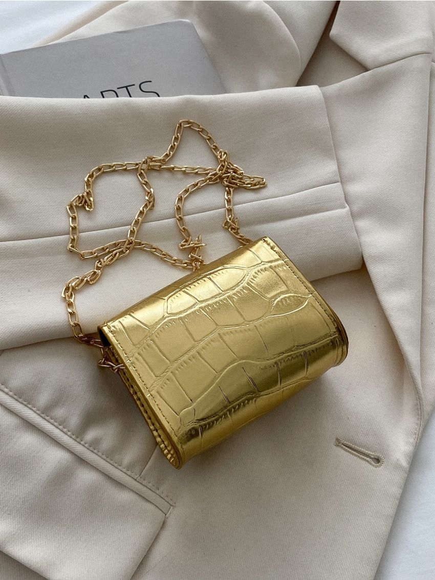 Mini Metallic Crocodile Embossed Twist Lock Flap Chain Square Bag