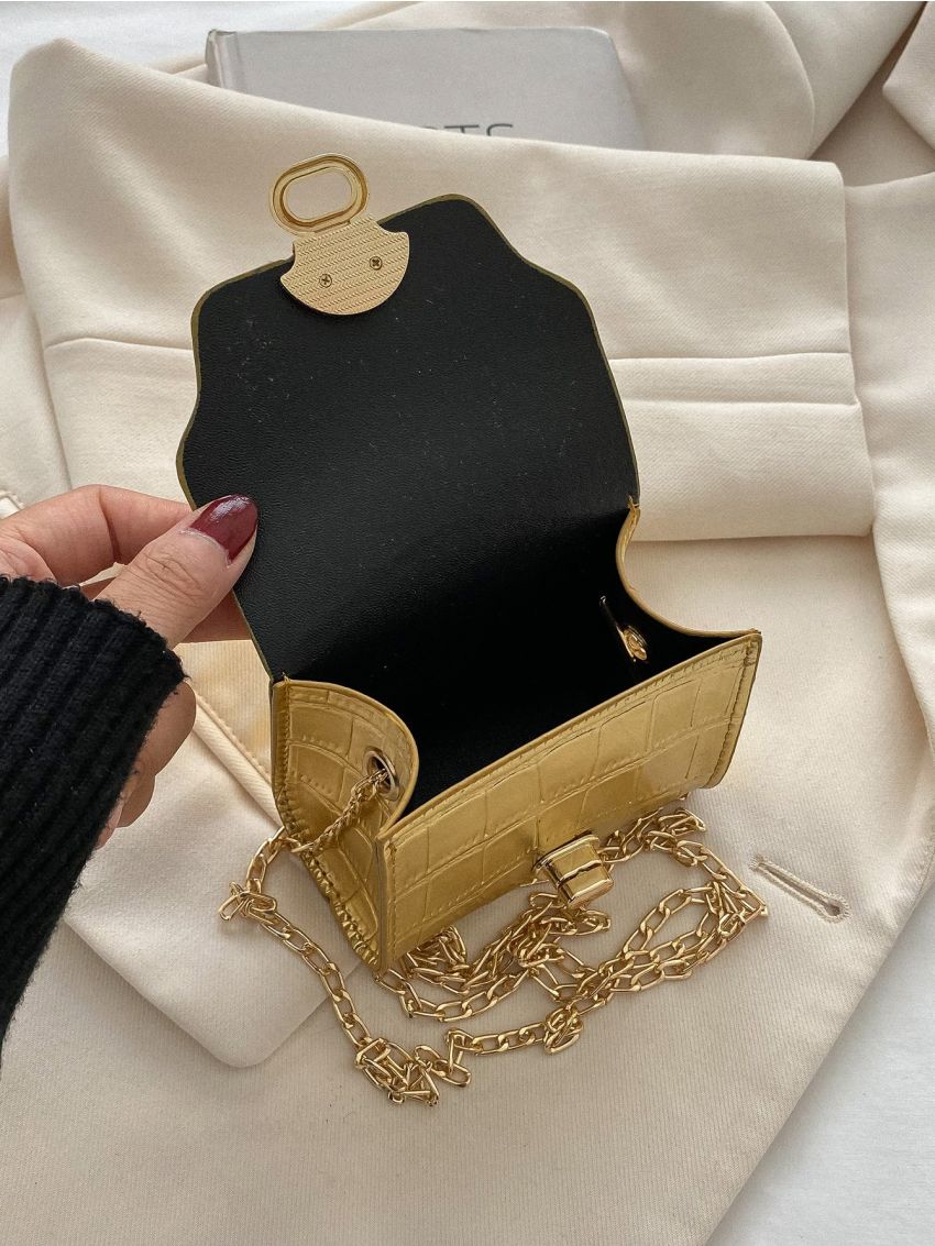 Mini Metallic Crocodile Embossed Twist Lock Flap Chain Square Bag