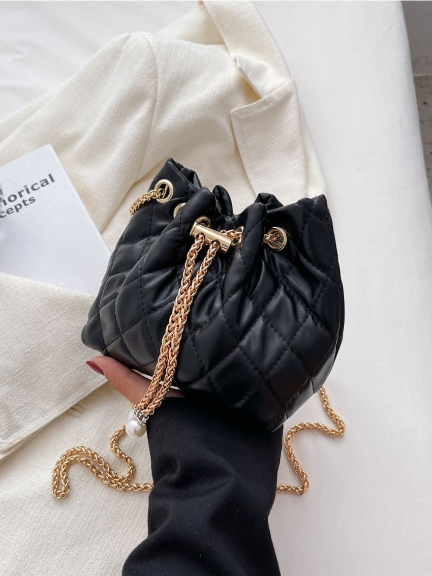 Mini Quilted Drawstring Design Pearl Decor Chain Bucket Bag