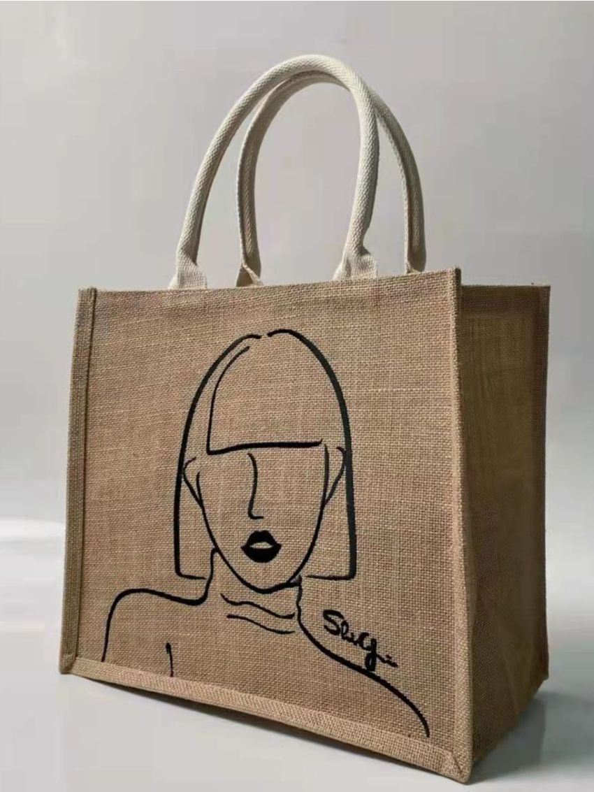 Figure & Letter Graphic Top Handle Bag