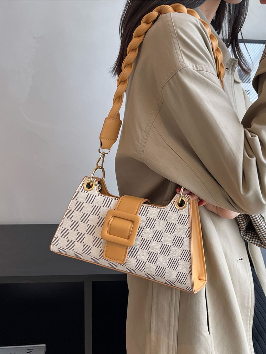 Checkered Pattern Buckle Decor Baguette Bag
