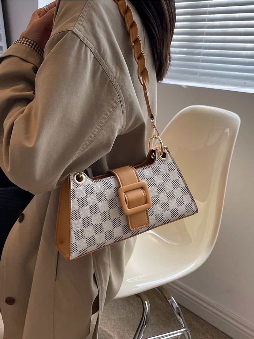 Checkered Pattern Buckle Decor Baguette Bag