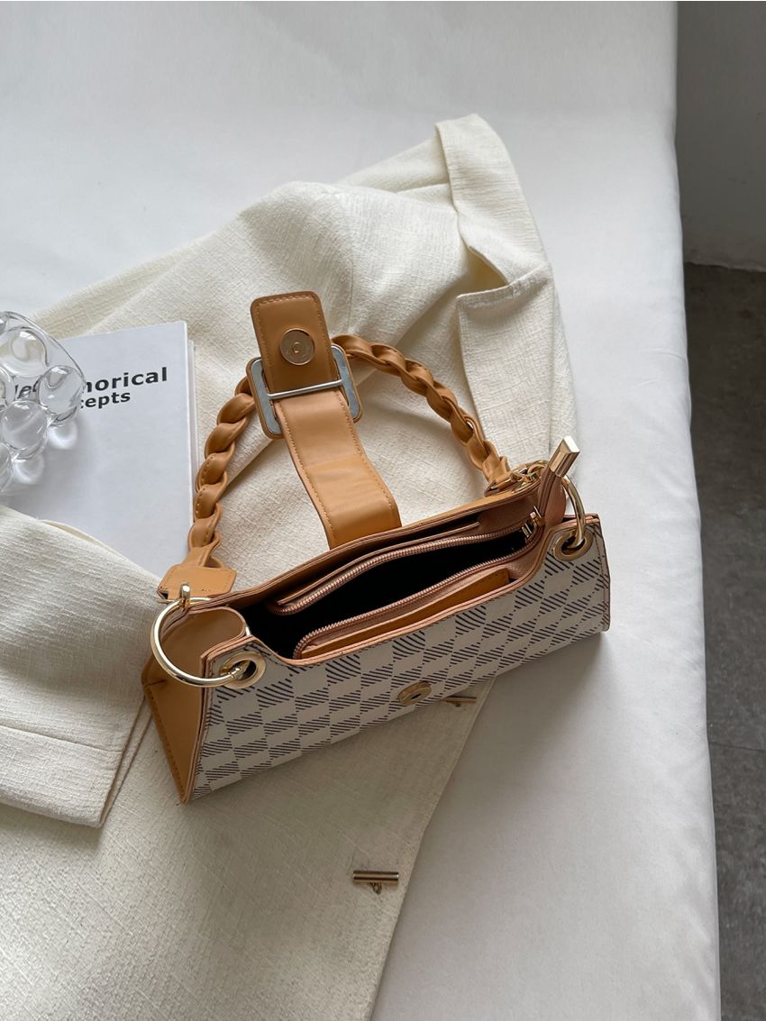 Checkered Pattern Buckle Decor Baguette Bag