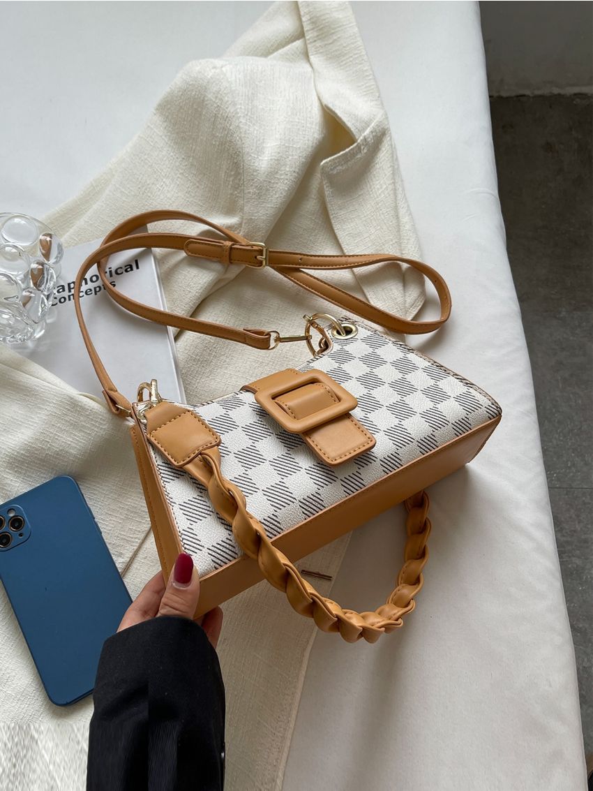 Checkered Pattern Buckle Decor Baguette Bag