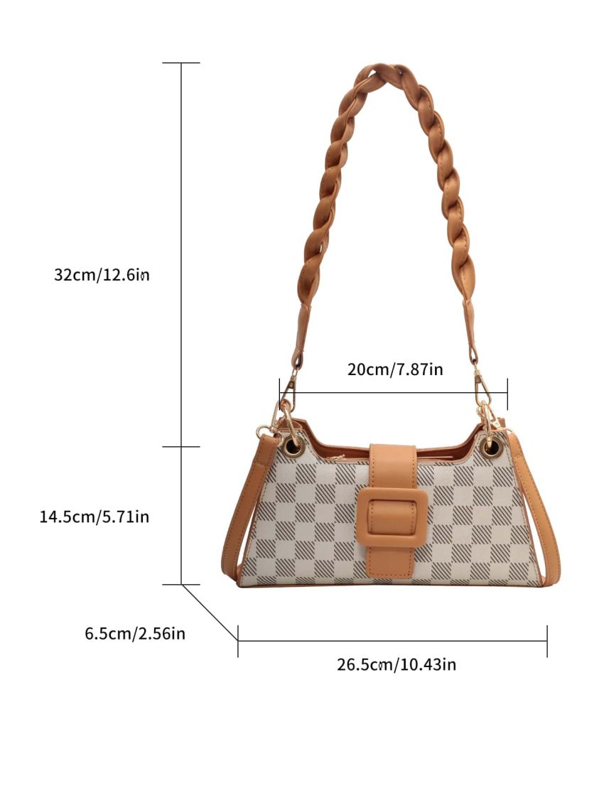 Checkered Pattern Buckle Decor Baguette Bag