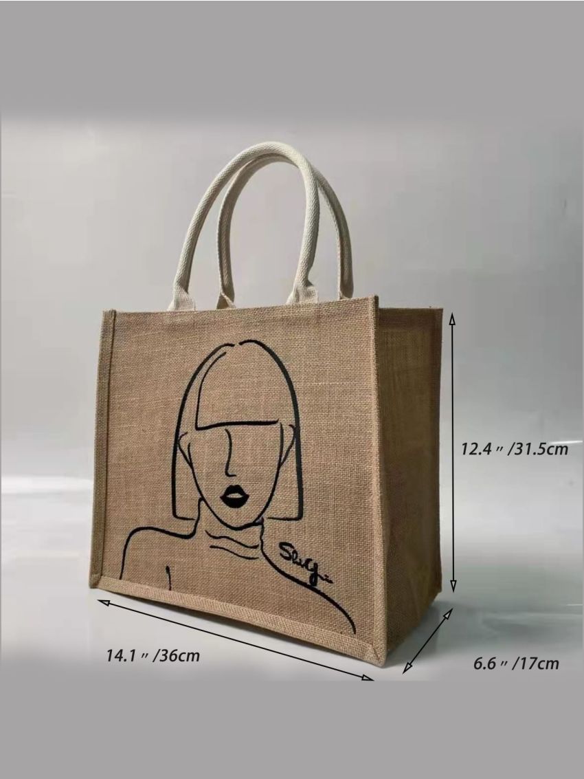 Figure & Letter Graphic Top Handle Bag