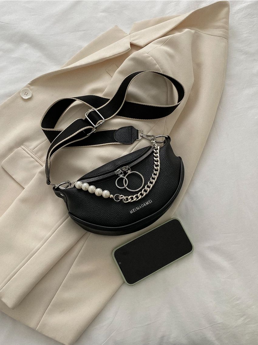 Litchi Embossed Chain & Faux Pearl Decor Saddle Bag