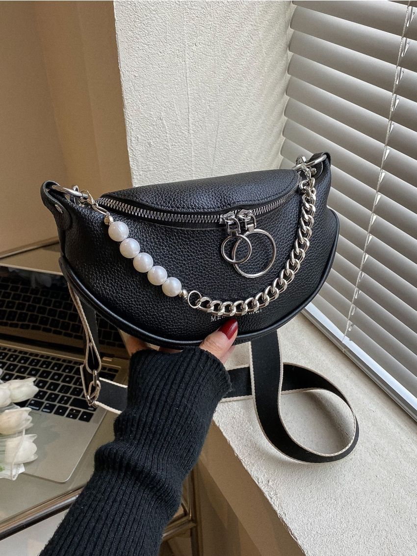 Litchi Embossed Chain & Faux Pearl Decor Saddle Bag