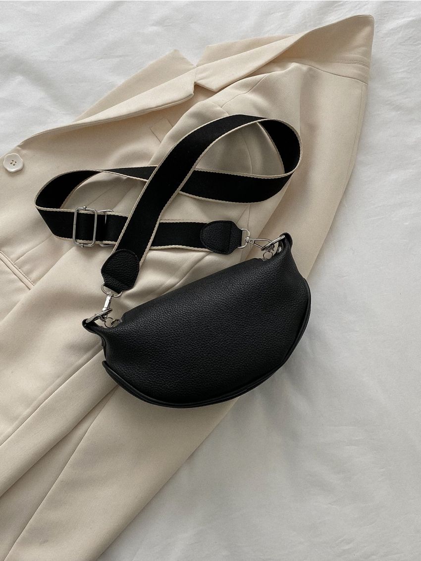 Litchi Embossed Chain & Faux Pearl Decor Saddle Bag