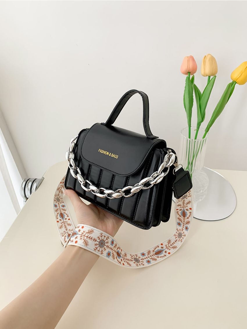 Letter Graphic Quilted Chain Decor Flap Square Bag