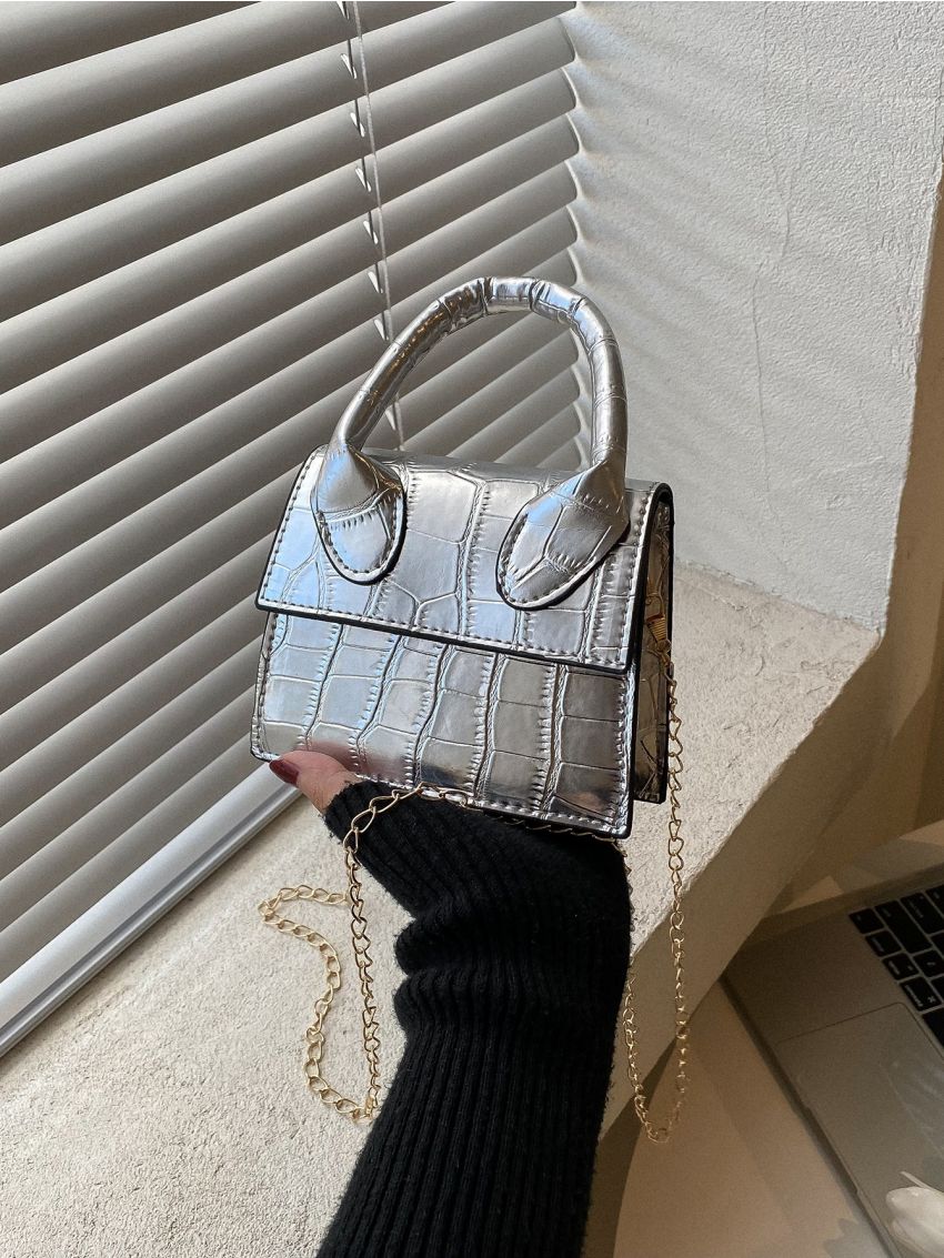 Mini Metallic Crocodile Embossed Chain Flap Square Bag